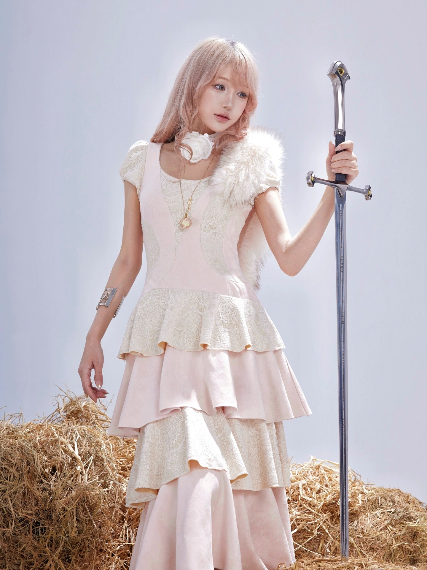 Rose Island Twin Sheep Irregular Suede Patchwork Lace Autumn and Winter Puff Sleeve Dress