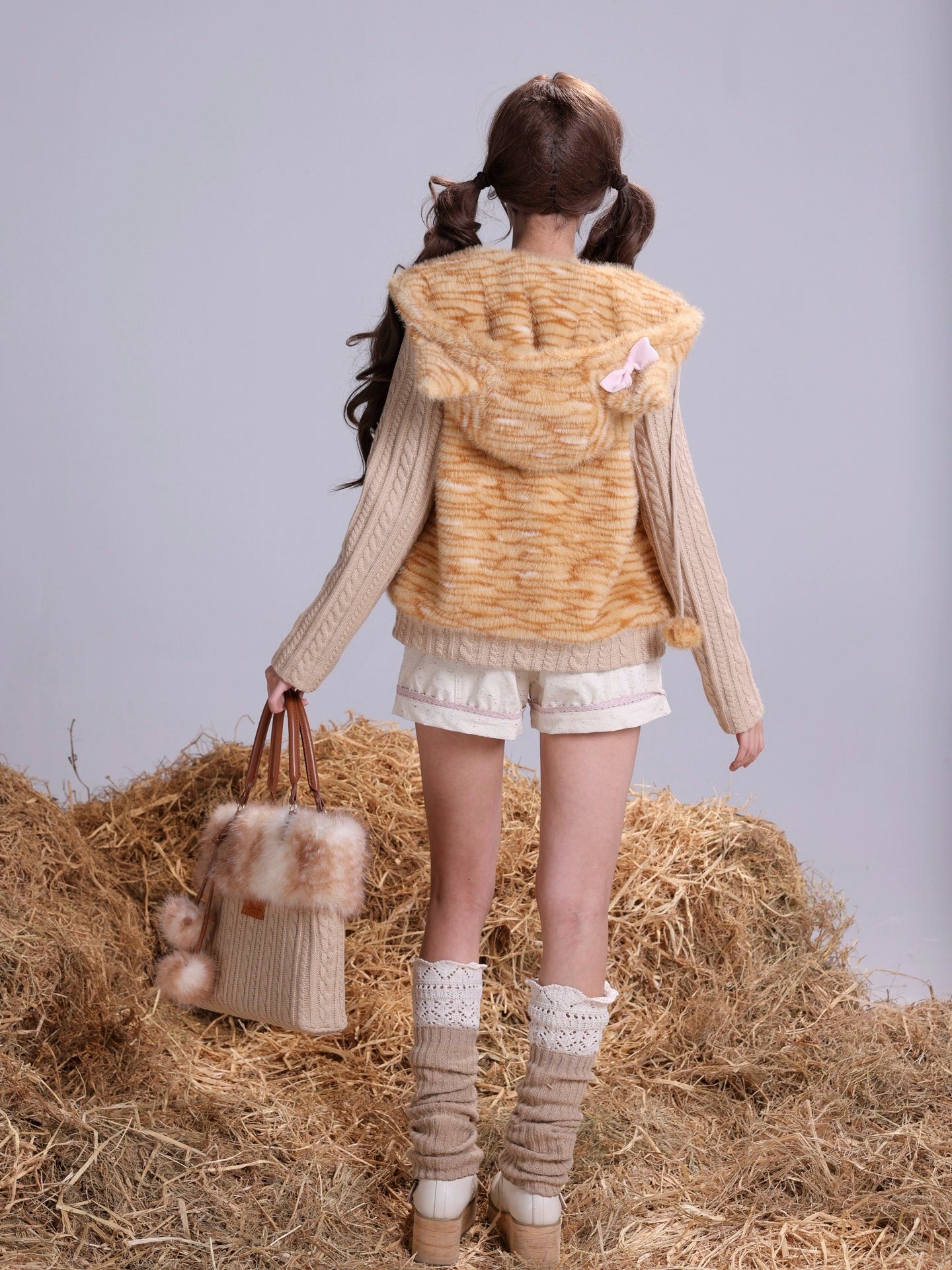 Rose Island warm orange tabby fur patchwork knitted slim-fit hooded jacket, cute and unique original design