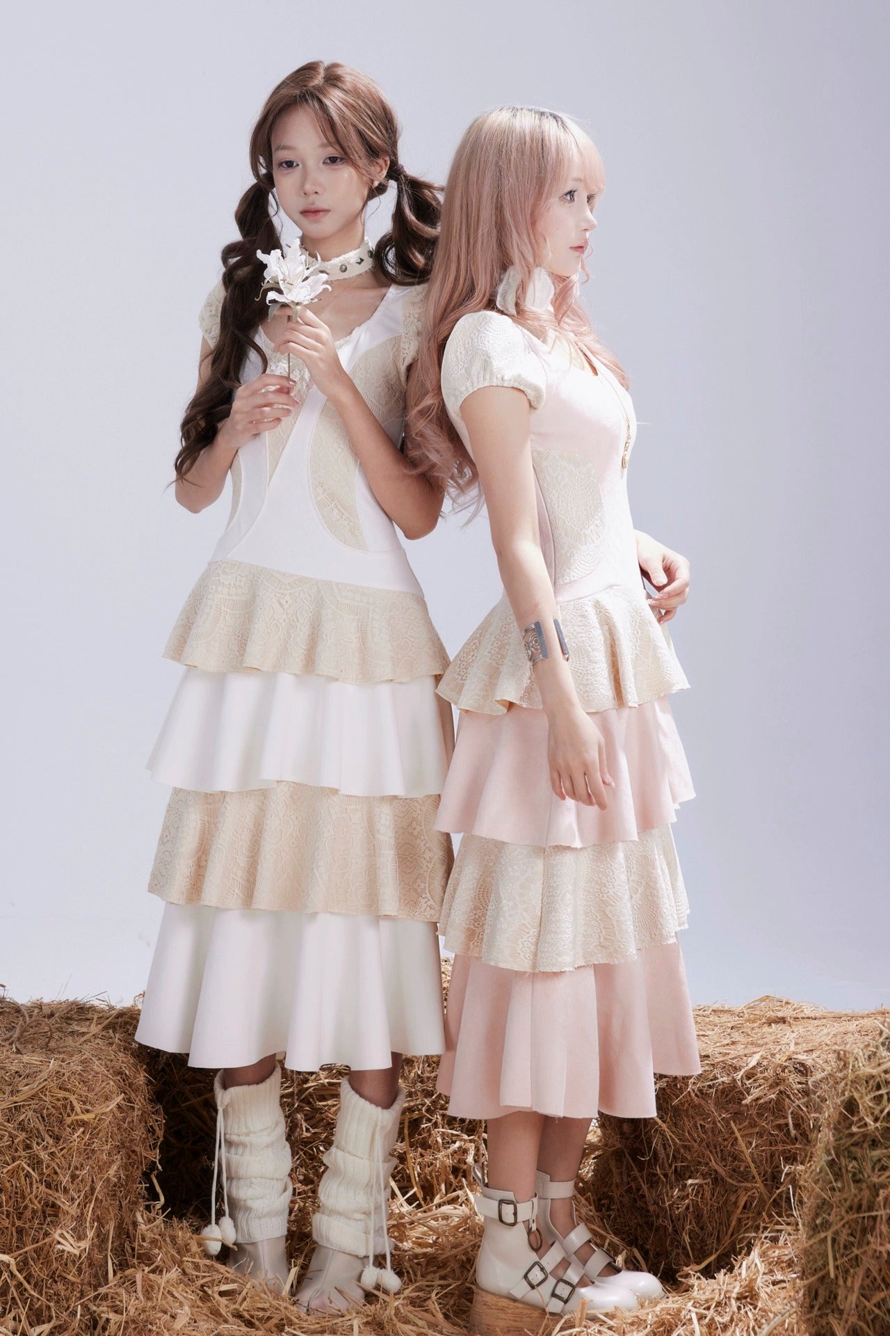 Rose Island Twin Sheep Irregular Suede Patchwork Lace Autumn and Winter Puff Sleeve Dress