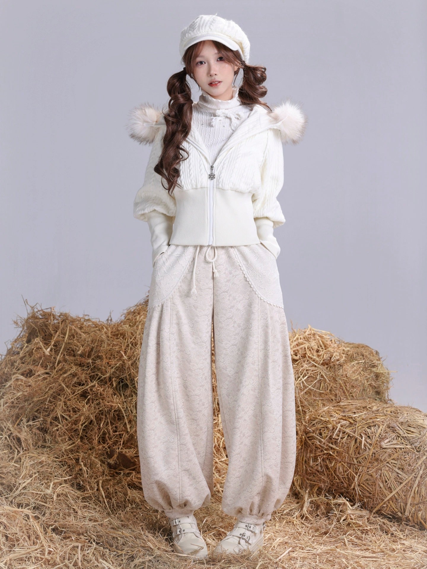 [ROSE ISLAND] Mianyang Knit Wool Slim-Fit Jacket with Faux Fox Fur Collar and Fleece Lining