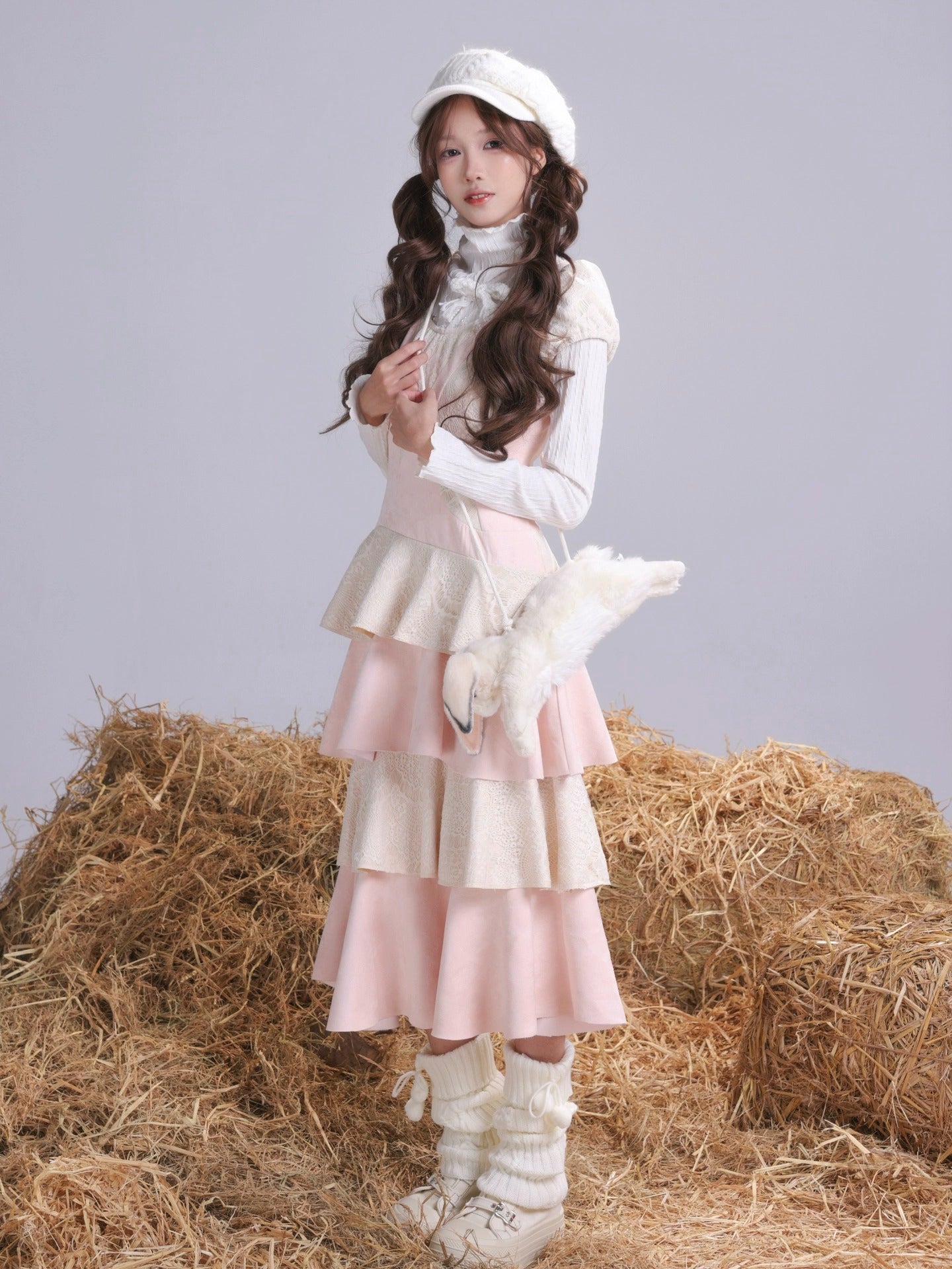 Rose Island Twin Sheep Irregular Suede Patchwork Lace Autumn and Winter Puff Sleeve Dress