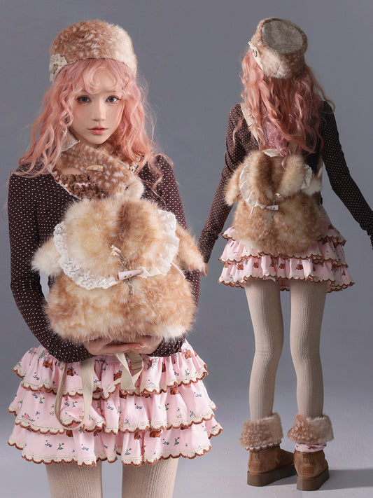 ROSE ISLAND Deer Print Layered Irregular Cake Skirt Mini Skirt with Fleece Safety Shorts