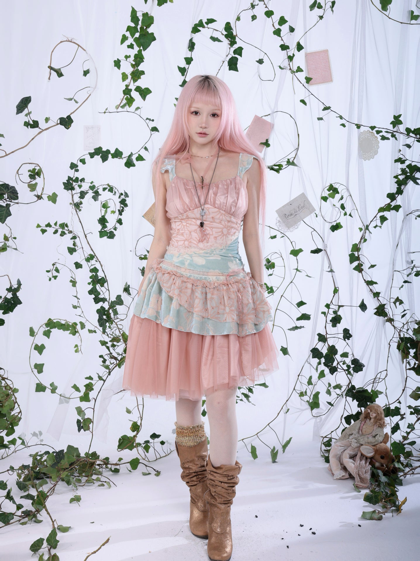 Rosé Isle Kingfisher Dream Color-Block Lace Silk Flocked Multi-Layer Irregular Cake Dress