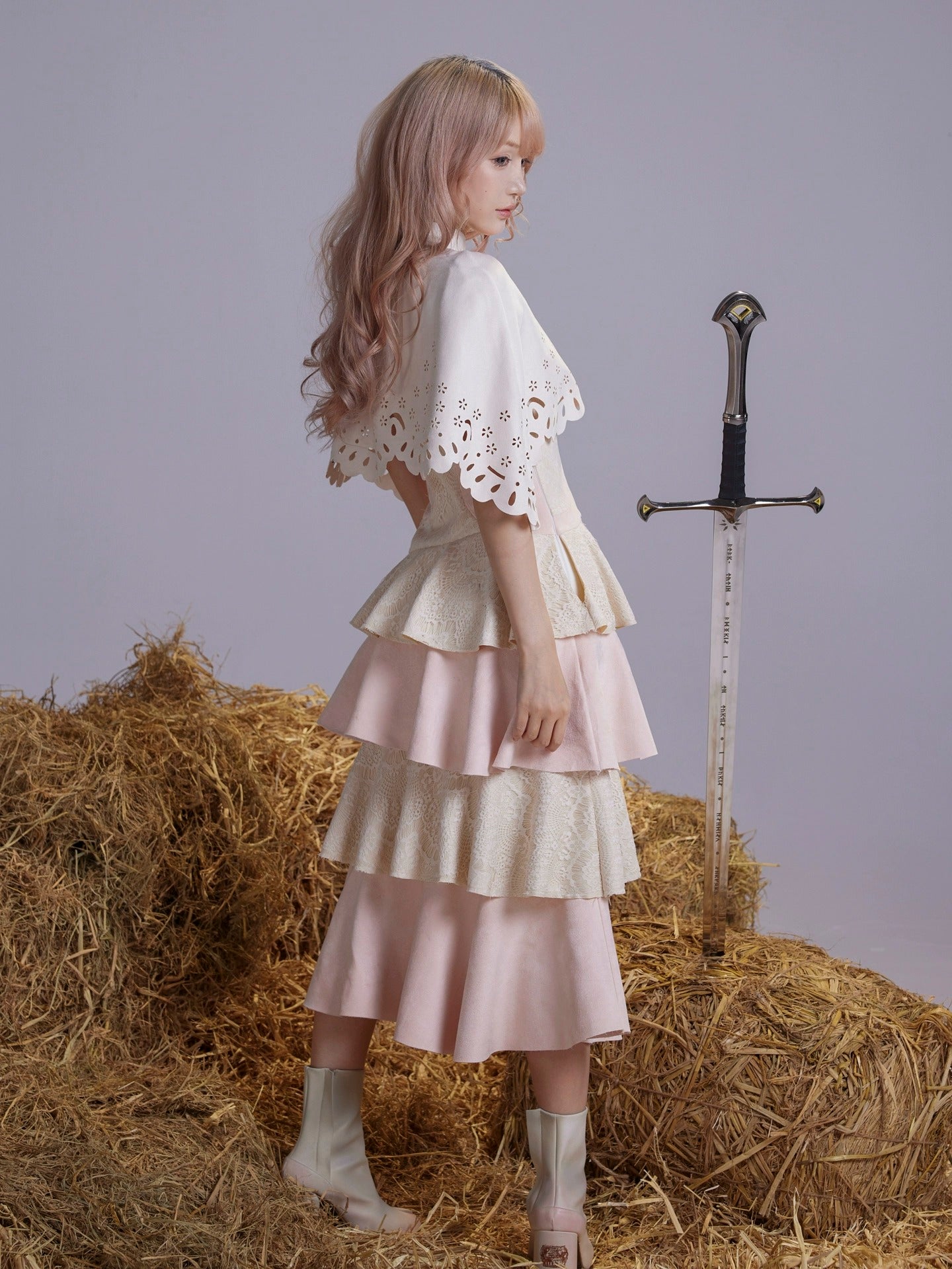 Rose Island Twin Sheep Irregular Suede Patchwork Lace Autumn and Winter Puff Sleeve Dress