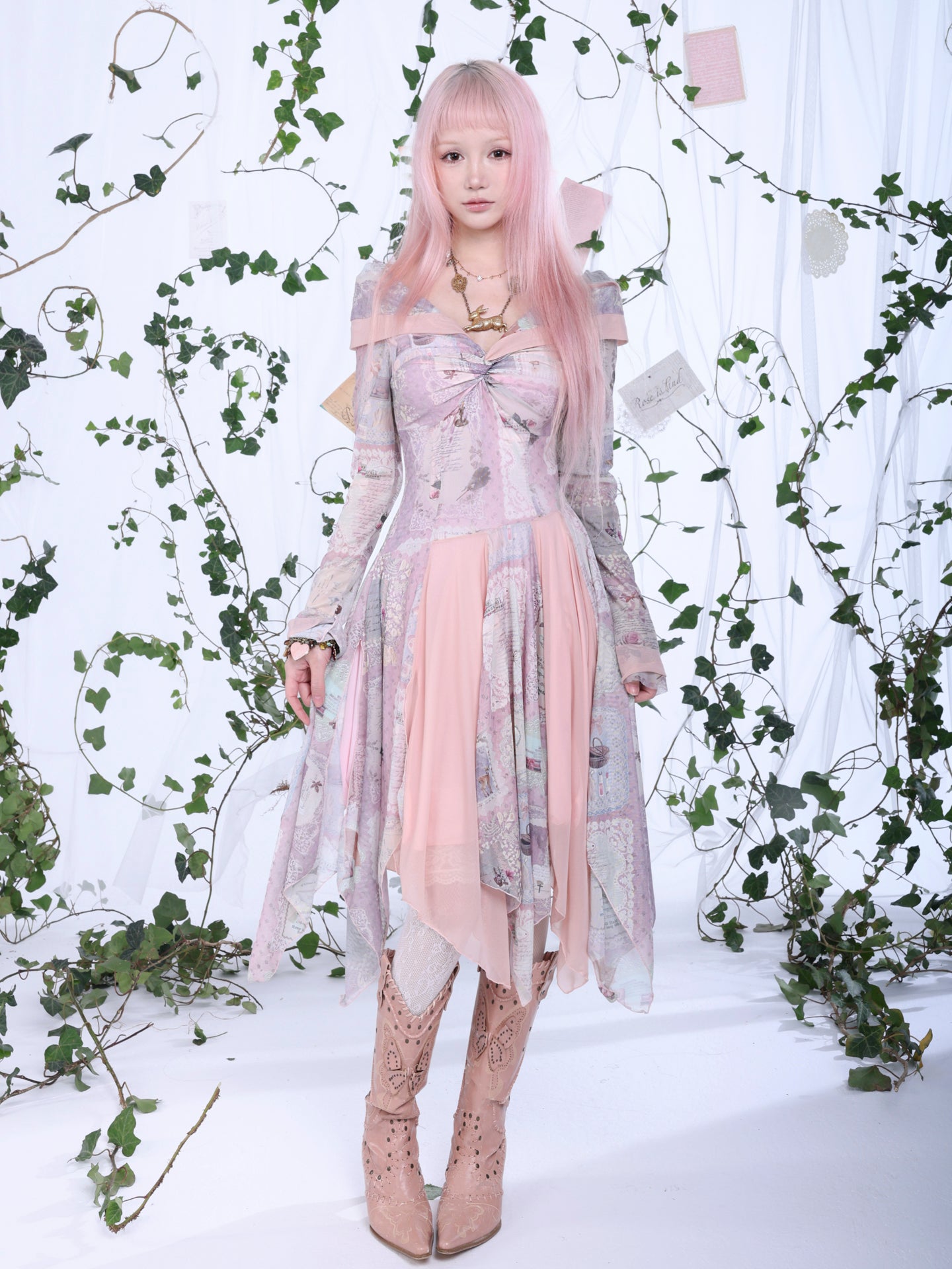 Rosé Isle Old-Time Letter Vintage Print Stretch Mesh Dress Off-Shoulder Irregular Spliced Hem