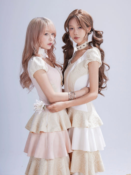 Rose Island Twin Sheep Irregular Suede Patchwork Lace Autumn and Winter Puff Sleeve Dress