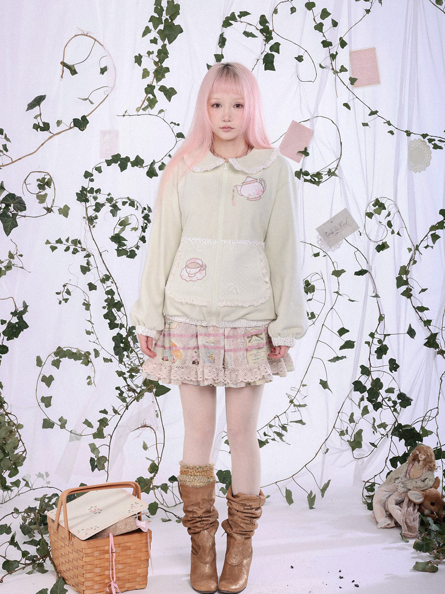 ROSE ISLAND Bubble Teapot Fake Apron Pocket Design Sense Loose Comfortable Doll Collar Cardigan Sweatshirt Jacket,matcha